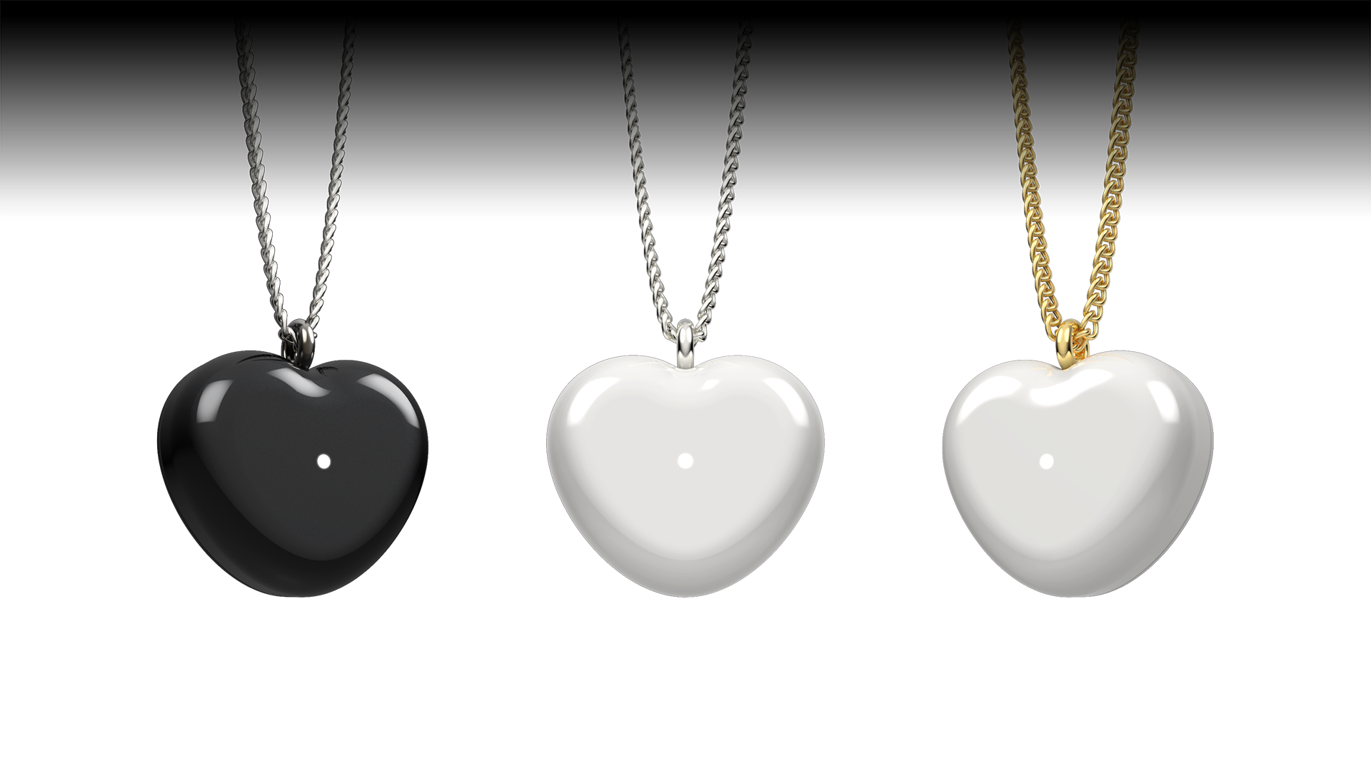 Bond Heart pendants in Black, White Silver, and White Gold finishes
